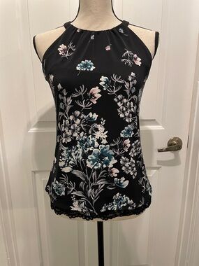 White House Black Market Black Floral Halter Cami with Lace Hem